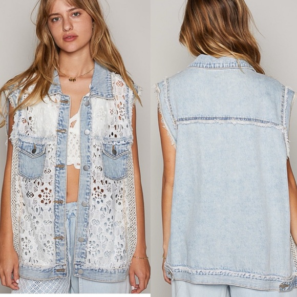 POL Assymetrical Front Closure Raw Hem Floral Denim Vest